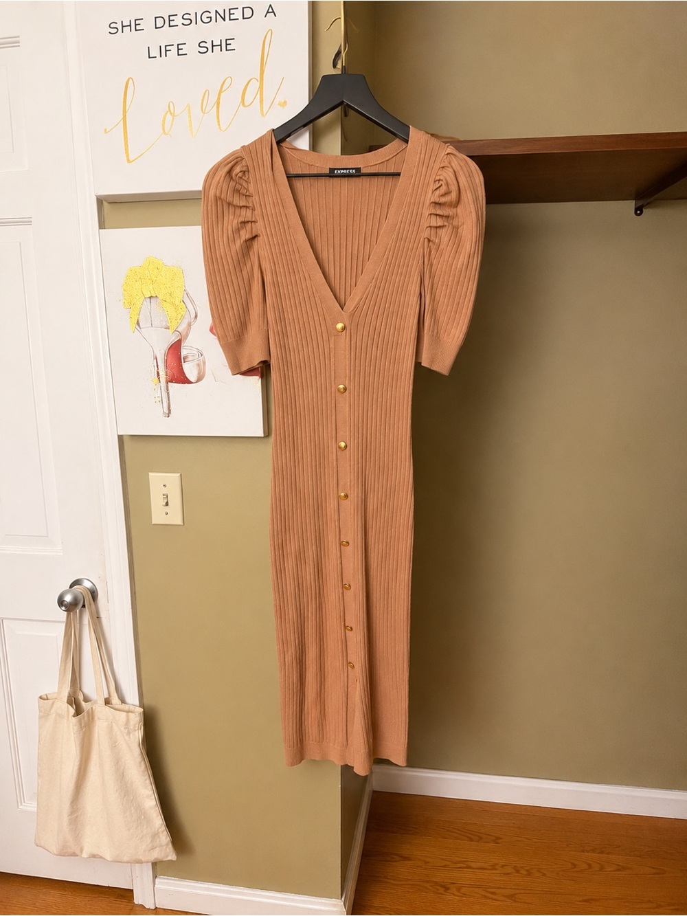 Express Ribbed Button-Front Midi Dress in Camel